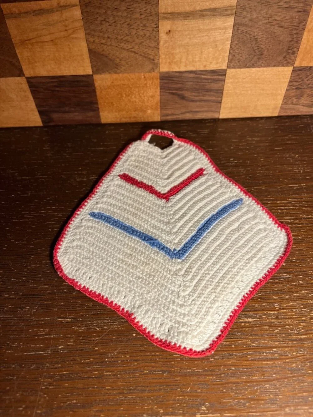 Small Vintage Hand Made Red White and Blue Pot Holder A1140